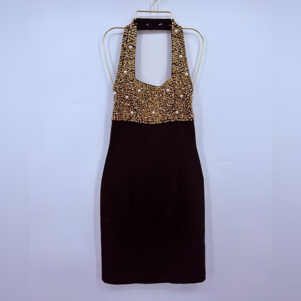 Outlander Studio Vintage Black Halter Beaded Wool Blend Dress Petite S